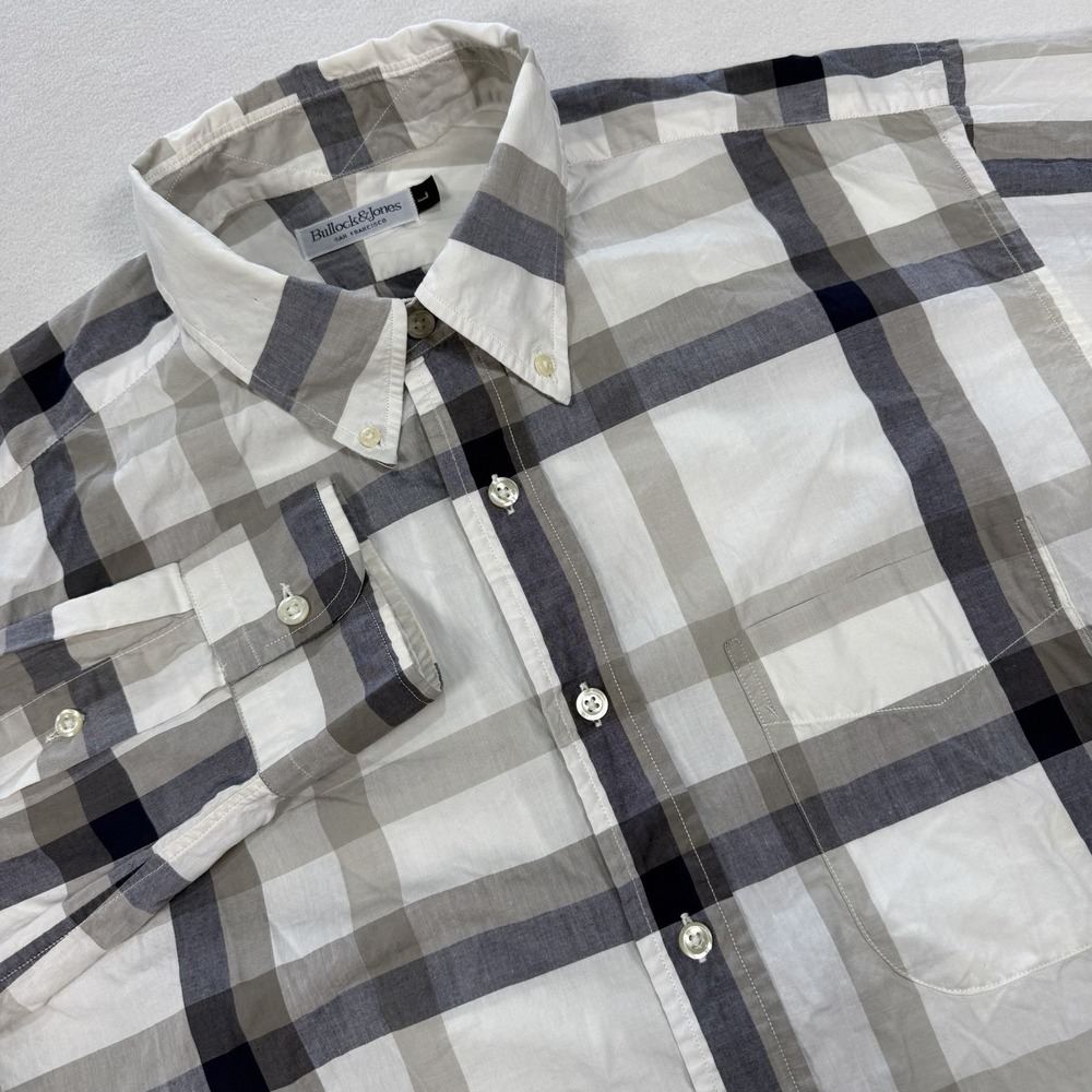 Bullock & Jones Shirt Mens Large Gray White Plaid Cotton Button Down Made In USA